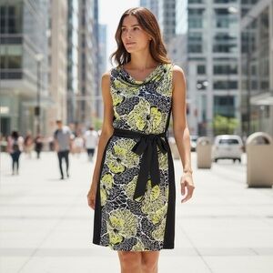 BCBGMaxAzria XS Dress Back Yellow Floral Stretch Belted Cowl Drape Neckline